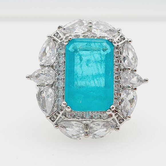 🎊 925 Silver Classic Square Blue Emerald Cut CZ Women Ring, FB16FA1065 - Picture 2 of 2